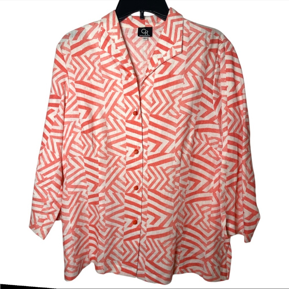 Connie Roberson Womens Large Coral Pink 100% Linen Geometric Shirt Topper Jacket